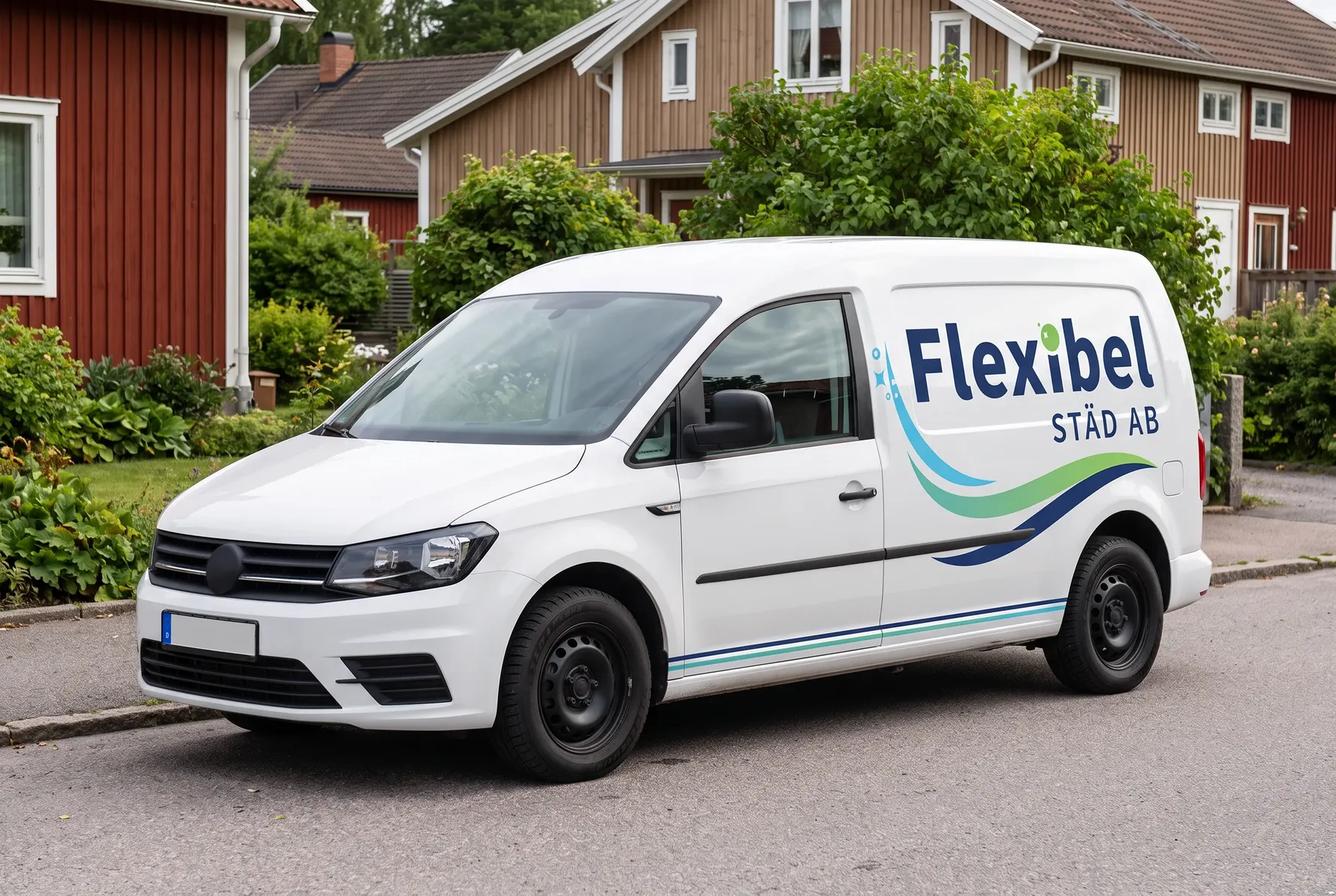 Vit skåpbil med Flexibel Städ-logotyp på sidan, parkerad på en bostadsgata
